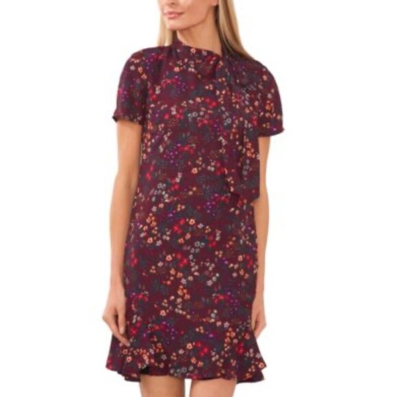 Ce Ce Mini Dress Short Sleeve Mock Neck Tie Burgundy Floral Teacher Career-8 - Picture 1 of 11